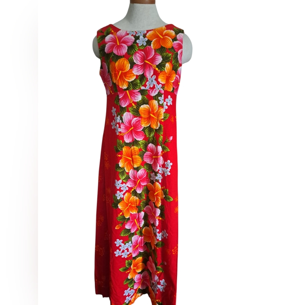 VTG UI-MAIKAI Hawaiian maxi Dress Long Floral Sleeveless cotton empire waist LG